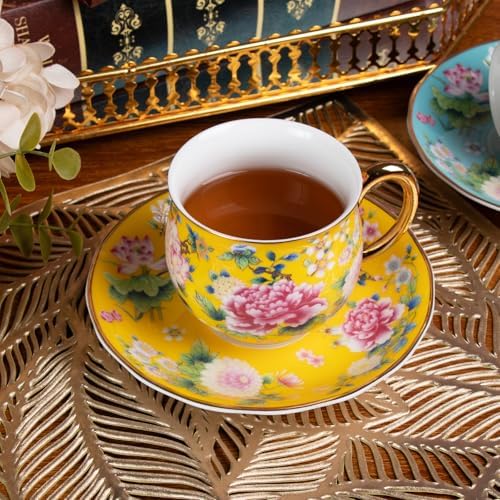 KAMMAK Tea Cup and Saucer, Ceramic Coffee Cups, 7.1 oz, Set of 2 - Image 3