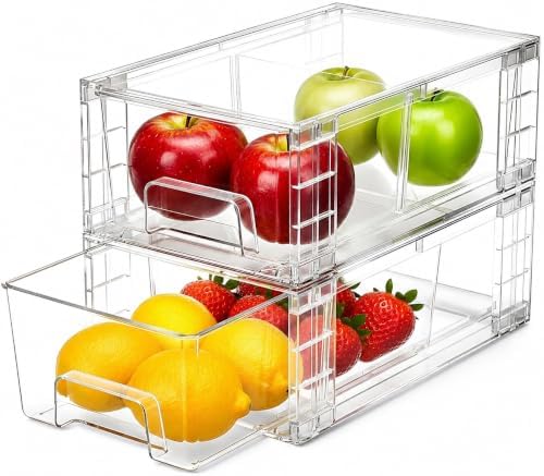 2 Pack Stackable Storage Drawers,Plastic Organizers Bins, Drawers Storage with Handles and Movable Dividers for Organization and Storage in Fridge,Bathroom, Pantry, Kitchen Cabinets, Under Sink by Unknown