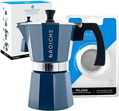 GROSCHE Milano Stovetop Espresso Maker Moka pot 6 espresso Cup - 9.3 oz, Blue and 3 Replacement Seals Gaskets Bundle Stove top coffee maker Moka Italian espresso coffee maker and replacement gaskets by GROSCHE