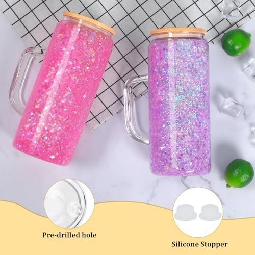 20 Oz Snow Globe Glass Cup With Handle, 6 Pack Pre-Drilled Double Wall Glass Coffee Mug For Snowglobe Diy Glitter, Double Wall Snow Globe Tumbler with Bamboo Lid - Image 3