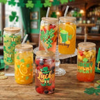 6 Pcs St Patrick's Day Glass Cups Shamrock Tumbler with Bamboo Lids and Straws 16 oz Irish Lucky Clover Reusable Can Shaped Drinking Glasses Bulk for St Patrick's Day Party Supplies - Image 4