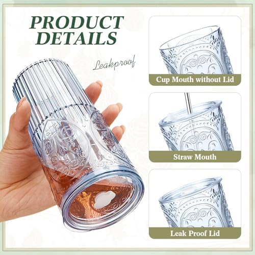 8 Set Vintage Tumbler with Lid and Straw, Iced Coffee Cup, Blue - Image 3