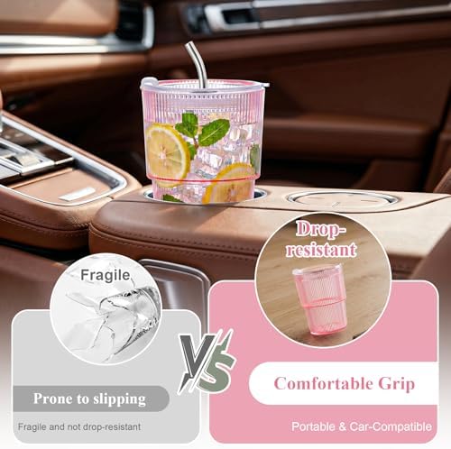 8 Pcs 15oz Plastic Tumblers with Lids and Straw Ribbed Iced Coffee Cups Pink Reusable Plastic Cups Leak-Proof Travel Iced Coffee Tumblers for Home Office Travel with Clean Brush - Image 4