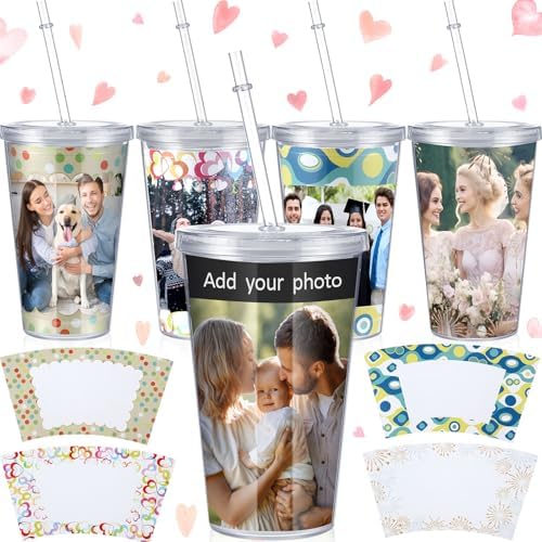 Maxcheck 4 Pcs DIY Photo Tumblers, 16 oz Personalized Insert Cup with Straw by Maxcheck