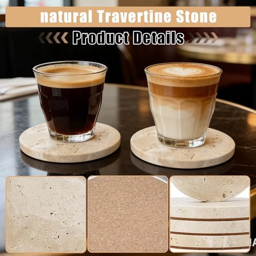 JOLENE.K Absorbent Natural Travertine Marble Drink Drink Mats, Set of 4-4-Inch Round Stone Drink Mat Set - Non-Slip Cork Backing, Spot & Mark Resistant Table Protectors - Tufa Natural Color - Image 3