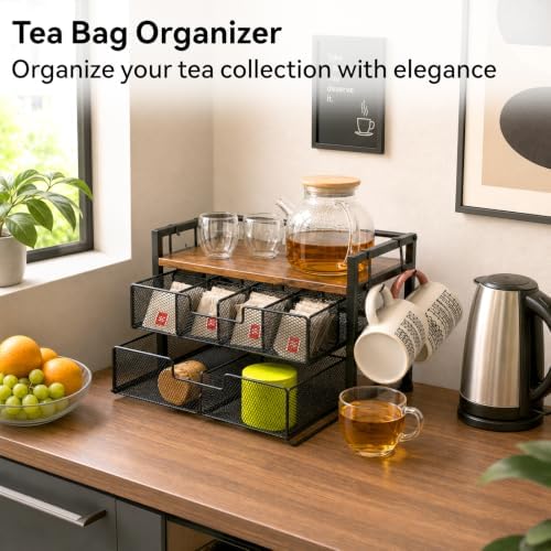 Beslands Tea Bag Organizer & Coffee Station, Matcha Kit Storage, 2 Drawers Tea Bar Tea Box Kitchen Shelf for Countertop, Teabag holder with 4 Hooks, Matcha Tea Station - Image 5