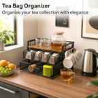 Beslands Tea Bag Organizer & Coffee Station, Matcha Kit Storage, 2 Drawers Tea Bar Tea Box Kitchen Shelf for Countertop, Teabag holder with 4 Hooks, Matcha Tea Station - Image 5