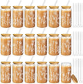 Mumufy 18 Pack Boho Floral Glass Cup, 16 oz Tumbler Mug with Bamboo Lid by Mumufy