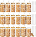 Mumufy 18 Pack Boho Floral Glass Cup, 16 oz Tumbler Mug with Bamboo Lid by Mumufy