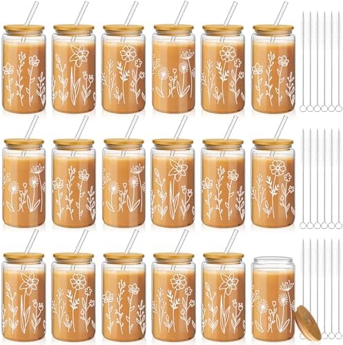 Mumufy 18 Pack Boho Floral Glass Cup, 16 oz Tumbler Mug with Bamboo Lid by Mumufy
