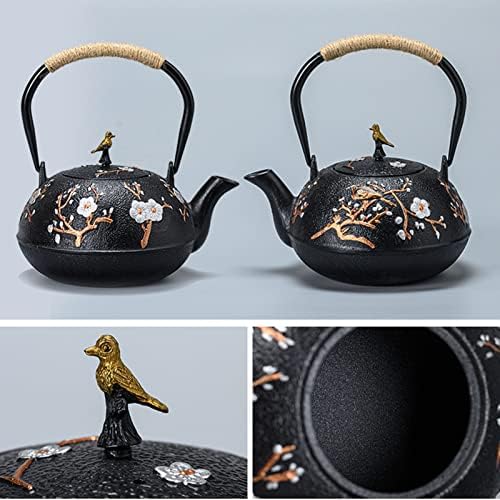 Cast Iron Teapot with Removable Stainless Steel Infuser Internal Enamelware Iron Teapots with Birds and Plum Flower Beautiful Pattern (4) - Image 3