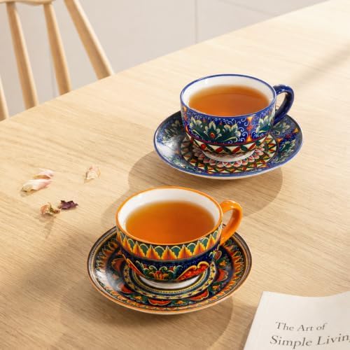 Henten Home Ceramic 8.5 oz Tea Cup Set, Latte Cup with Saucers Set of 2 - Image 5