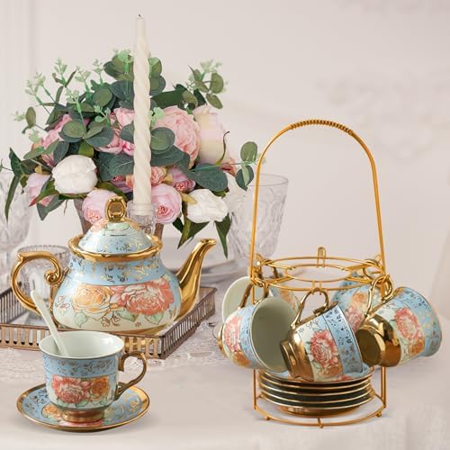 20Pcs Porcelain Tea Set for Adults, European Ceramic Tea Set Flower Ceramic Tea Cups, Teapot, & Saucers with Metal Holder for Women Tea Party (Blue) - Image 7