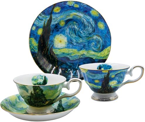 Floral Tea Cups Saucers Set of 2, Bone China 7 oz British Teacups Porcelain Coffee Cup for Rose Tea Cappuccino Espresso Latte (Starry Sky & Wheat Field) by AOTELIDA