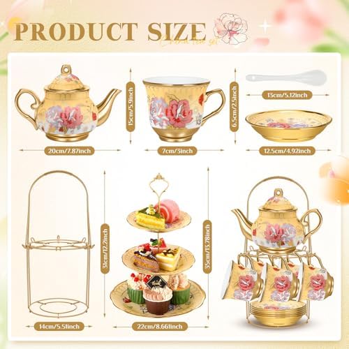 21 Pcs Porcelain Tea Set with 3 Tier Dessert Stand, Yellow, Vintage - Image 2