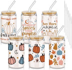 SiliFine 6 Pcs Fall Pumpkin Glass Cups, 16 oz with Lids and Straws by SiliFine