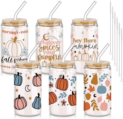SiliFine 6 Pcs Fall Pumpkin Glass Cups, 16 oz with Lids and Straws by SiliFine
