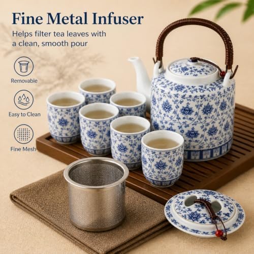 Blue and White Porcelain Tea Set, 9-Piece Ceramic Tea Set with Teapot, Infuser, 6 Tea Cups and Tea Tray, Chinese Gongfu Tea Set for Home, Office and Tea Parties - Image 3