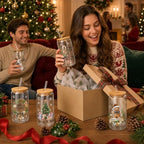 Teenyyou 12 Sets of Christmas Glasses Cups with Bamboo Lid and Glass Straw 16 oz Christmas Stripes Glass Jar Winter Drinking Cups Santa Snowman Elk Coffee Cup for Women Men Xmas Holiday Party Gifts - Image 5