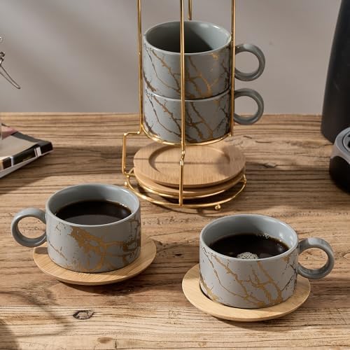 LUKA 6 Ounce Porcelain Stackable Espresso Cups with Saucers and Metal Stand Set of 4, Ceramic Cappuccino Cups Set for Specialty Coffee Drinks, Latte, Cafe Mocha and Tea, Gray - Image 6