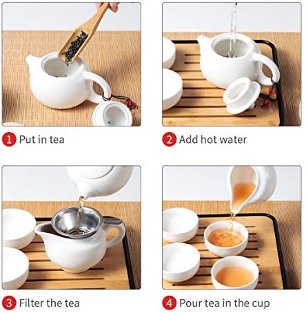 Chinese Tea Pot Cup Set with Tray Infuser - Travel Ceramic Tea set Porcelain Teapot, Portable All in One Bag for Outdoor Picnic Business Hotel (White) - Image 4