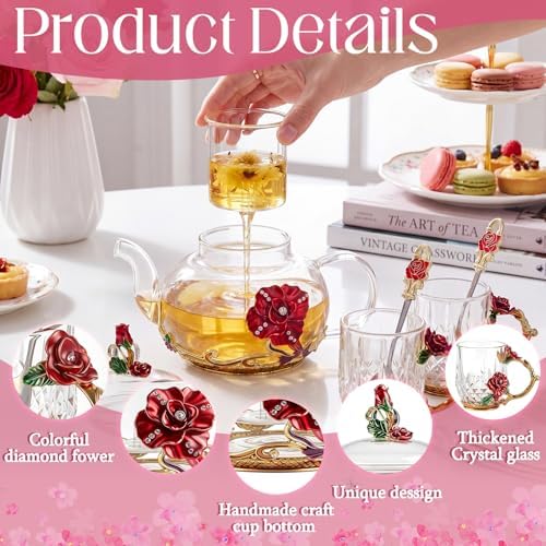 Maxdot 5 Pcs Floral Glass Tea Set, 14 oz Rose Teapot with Infuser - Image 5