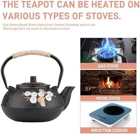 Cast Iron Teapot,SECHUDO Tea Kettle,Japanese Cast Iron Teapot with Stainless Steel Infuser for Stovetop Safe (Black and Colored, 800ML) - Image 2