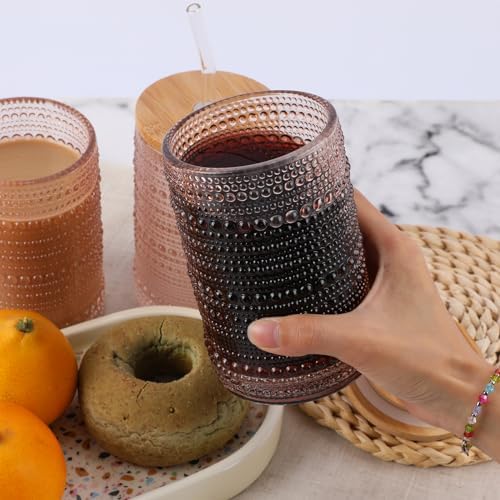 Vintage Drinking Glasses Set of 4 with Bamboo Lids, Textured Clear Striped Ribbed Glassware Set Cocktail Set Beaded Glass Cups Old Fashion Embossed Iced Coffee Cup for Beer, Beverage(16 oz), Rose Gold - Image 6