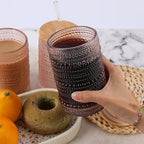 Vintage Drinking Glasses Set of 4 with Bamboo Lids, Textured Clear Striped Ribbed Glassware Set Cocktail Set Beaded Glass Cups Old Fashion Embossed Iced Coffee Cup for Beer, Beverage(16 oz), Rose Gold - Image 6