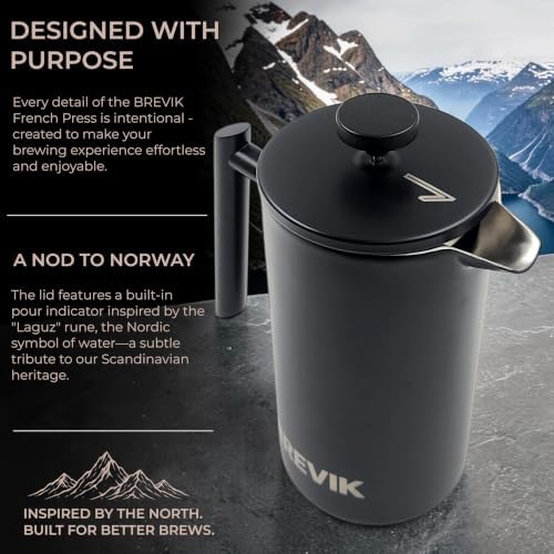 Brevik Insulated French Press Coffee Maker – 34 oz Double-Wall Stainless Steel Coffee Press, 1000ml, Matte Black, Gift-Ready Packaging - Image 6