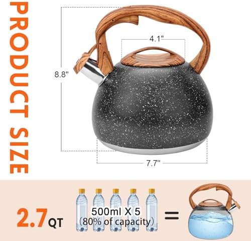 GGC Tea Kettle for Stove Top, Loud Whistling Kettle for Boiling Water Coffee or Milk, 3.1 Quart Heavy Stainless Steel Starry Black Kettle with Wood Pattern Handle, Unique Button Control Kettle Outlet - Image 3