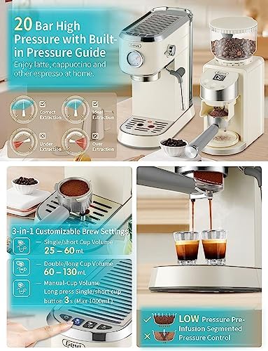 Gevi 20 Bar Espresso Coffee Machine with Burr Grinder Set | 35 Precise Grind Settings | Milk Frother for Latte Cappuccino | Professional Home Barista Kit | Gift for Coffee Lovers - Image 3