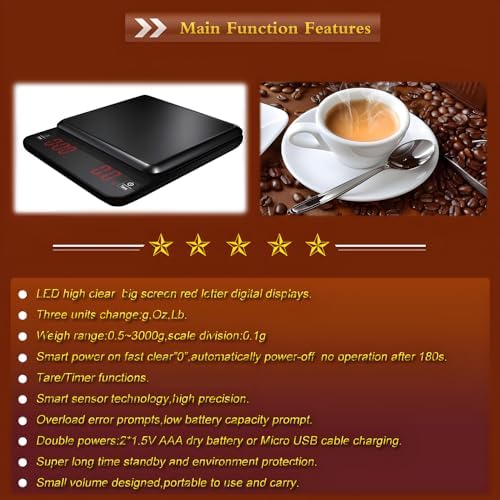 Portable Mini Digital Coffee Scale Electronic Kitchen Scale with Timer Function and Led red Letter high Clear Display Screen,3.0Kg Max D0.1g Dual Power Dry Battery or Rechargeable.Black - Image 5