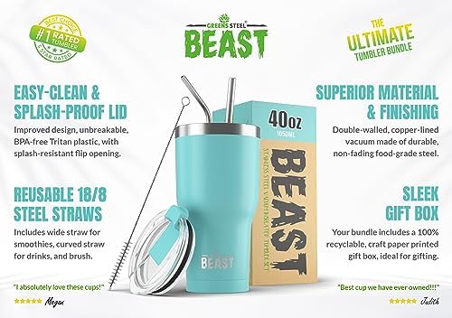 Beast 40 oz Tumbler Stainless Steel Vacuum Insulated Coffee Ice Cup Double Wall Travel Flask (Aquamarine Blue) - Image 2