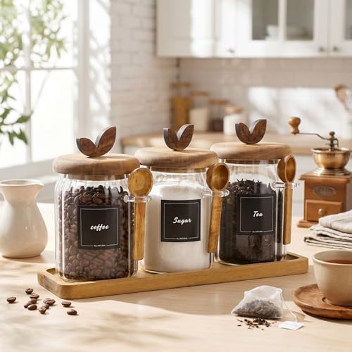 Suclain 3 Sets Glass Coffee Sugar Tea Canister Airtight with Lid 20 oz - Image 5