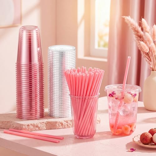 Ziliny 50 Sets 16oz Pink Plastic Cups with Heart Shaped Straws and Lids - Image 2