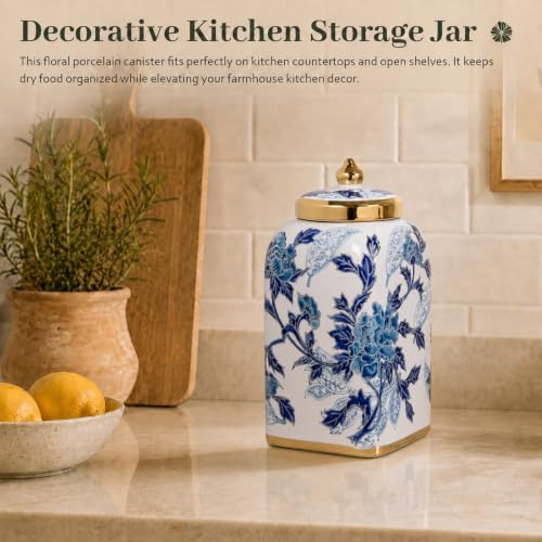 12.5" H Ceramic Kitchen Canisters for Countertop, Tea & Coffee Bean Storage Canister with Airtight Lid, Blue and White Chinoiserie Decor Ginger Jar for Home Decor, 155 fl oz - Blue Peony - Image 7