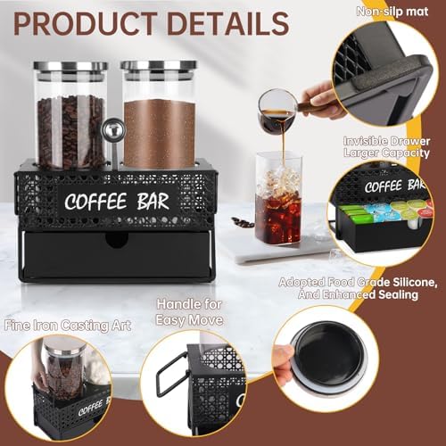 Glass Coffee Container with Shelf, 2x47oz Sugar Coffee Canister for Ground, Coffee Bean Storage Jar with Coffee Scoop for Kitchen Coffee Bar Decor and Accessories -Black - Image 2