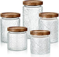 Gerrii Clear 5 Pcs Vintage Glass Food Storage Containers 17/24/34 oz Glass Jar with Lid Airtight Candy Food Canisters for Kitchen Counter Pantry Coffee Beans (Begonia,Sunflower,Window Grilles Round) by Gerrii
