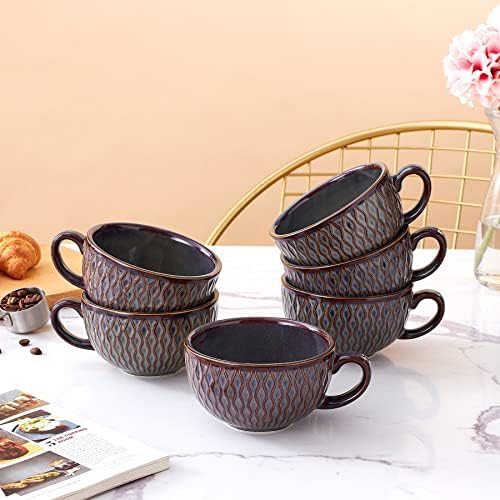 Coffeezone Set of 6 Cups Vintage Design 12 oz Professional Barista Ceramic Latte Art Cappuccino Cups Set (Embossed Grey * 6) - Image 2