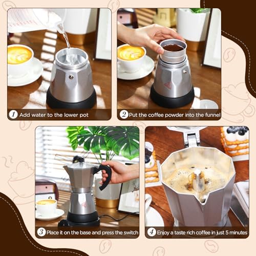 6 Cup Electric Espresso Coffee Maker 300ml Aluminum,Silver - Image 5