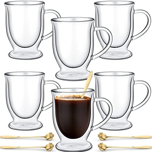 Gejoy 6 Sets Double Wall Glass Coffee Mugs with Spoon Insulated Clear Coffee Mug with Handle Borosilicate Glass Coffee Cups Latte Cup for Cappuccino, Tea, Latte, Espresso, Hot Beverage(12 OZ) by Gejoy