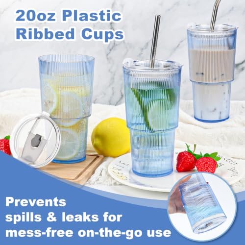 8 Pcs 20oz Acrylic Ribbed Tumblers with Lid and Straws Blue Plastic Reusable Iced Coffee Cups with Lid Unbreakable Vintage Ribbed Drinking Glasses Tumbler for Juice Smoothie Beverage with Clean Brush - Image 3
