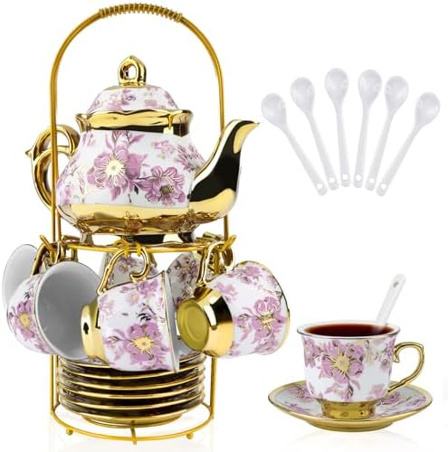 20 Pcs Porcelain Tea Set with Metal Holder, 700ml/23oz European Ceramic Tea Set for Adults, Adult Tea Set Gift, Flower Tea Cup Saucer Set for Party With Gold Flower Painting (Elegant Purple/700ml) by Hebaogugu