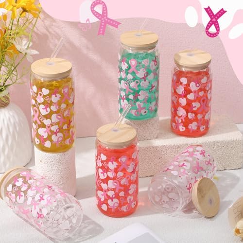 12 Sets Pink Ribbon Glass Cups with Bamboo Lids Straws 16oz - Image 3