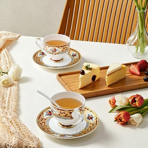 Luxury White & Gold Embossed Tea Cups and Saucers with Teapot, Sugar Bowl, & &Creamer, Vintage European Porcelain Coffee Set for Tea Party, Wedding, Gift (Red&Gold, 4pcs/set) by Unknown