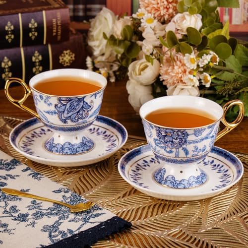 KAMMAK Tea Cups and Saucers Set of 2, Fine Bone China Coffee Cups, 572N - Image 2