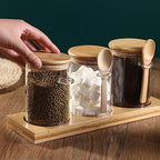 Glass Spice Storage Container with Spoon, 3PCS 20oz Airtight Sealed Condiment Jar with Tray, Kitchen Pantry Seasoning Canister Set for Salt Coffee Sugar Tea & Bathroom Cotton Swab Ball - Image 4