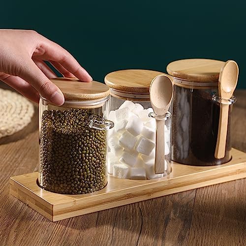 Glass Spice Storage Container with Spoon, 3PCS 20oz Airtight Sealed Condiment Jar with Tray, Kitchen Pantry Seasoning Canister Set for Salt Coffee Sugar Tea & Bathroom Cotton Swab Ball - Image 4