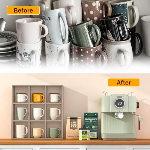 Helsin 9 Grid Vintage Coffee Mug Display Rack, 16inch Wall Mounted Wooden Curio Shadow Box Shelf, Cup Floating Shelves Display and Organizer - Image 4